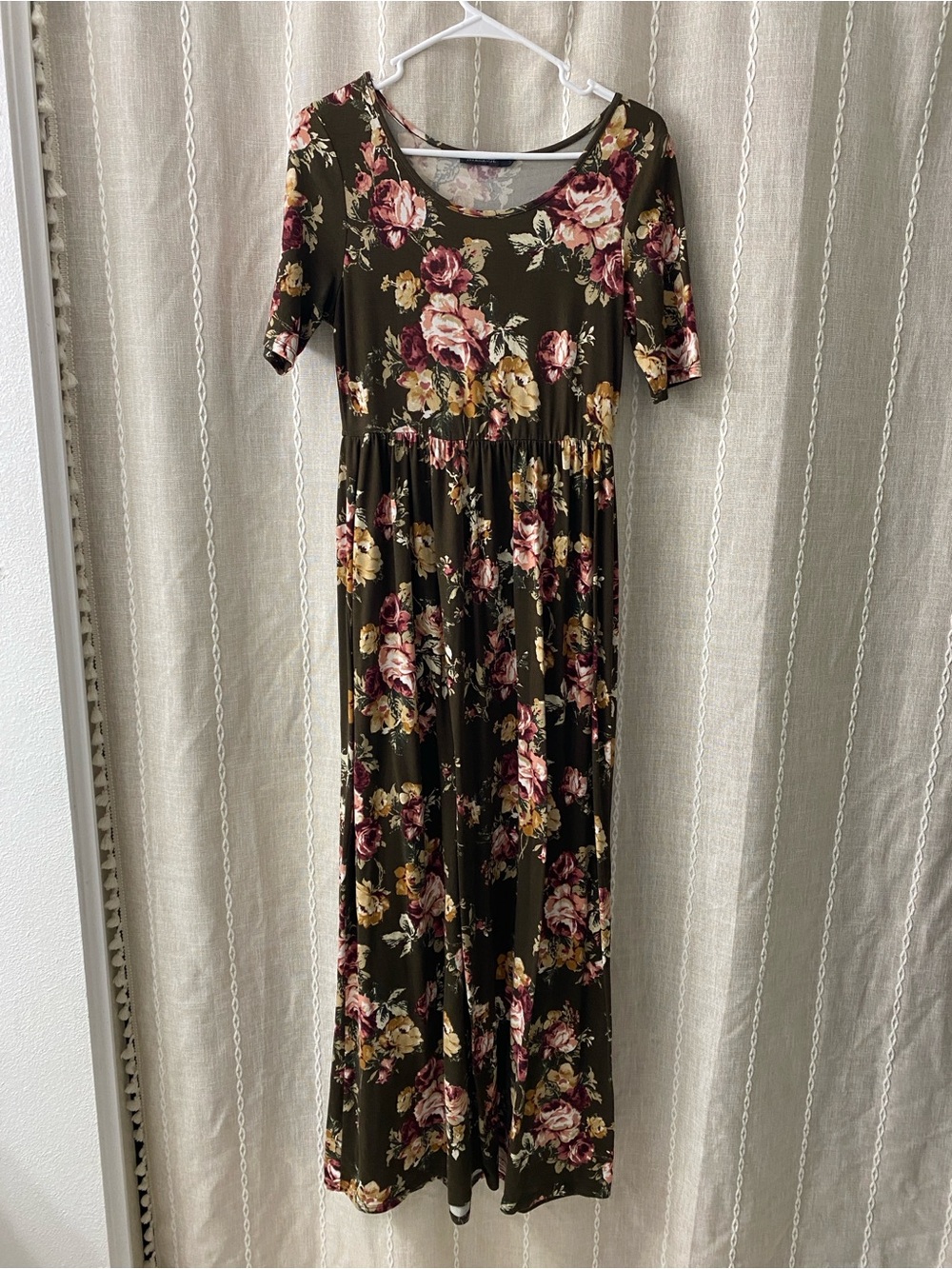 Mikarose Olive Green Floral Maxi Dress with Pink & Cream Roses